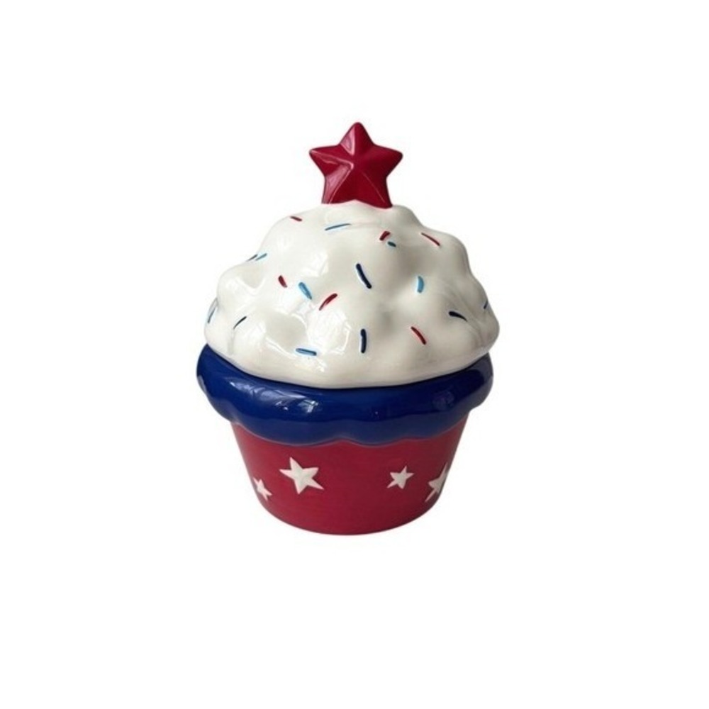 Red, White Blue Ceramic Cupcake Cookie Jar Star Handle Patriotic USA Home Decor